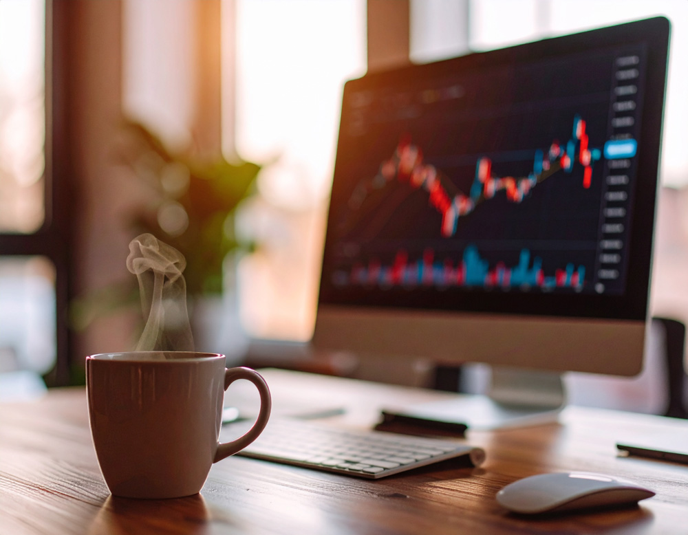Image of computer screen with stock charts in the background and a cup of steaming mushroom coffee in from of it